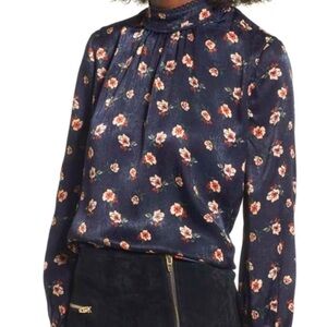 J.O.A. Navy Floral High Neck Blouse • Long Sleeve • Size M